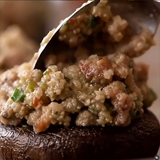 A platter of golden-brown sausage stuffed baby bella mushrooms garnished with fresh parsley and Parmesan cheese