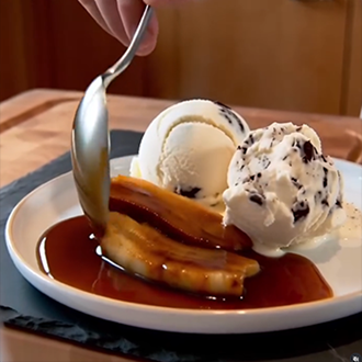 Bananas Foster dessert with sliced bananas in caramel sauce over vanilla ice cream