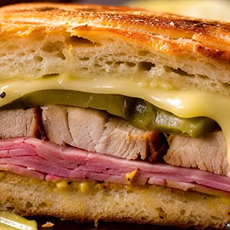 A Cuban sandwich sliced diagonally in half, showing layers of roast pork, ham, melted Swiss cheese, pickles, and mustard on pressed Cuban bread