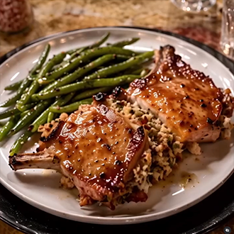 Golden brown bone-in stuffed pork chop drizzled with a rich white wine pan sauce